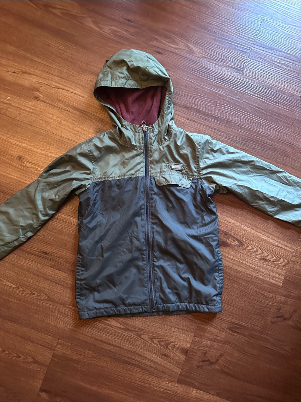 Columbia Kids Two-Tone Olive Green and Gray Hooded Lined Rain Jacket